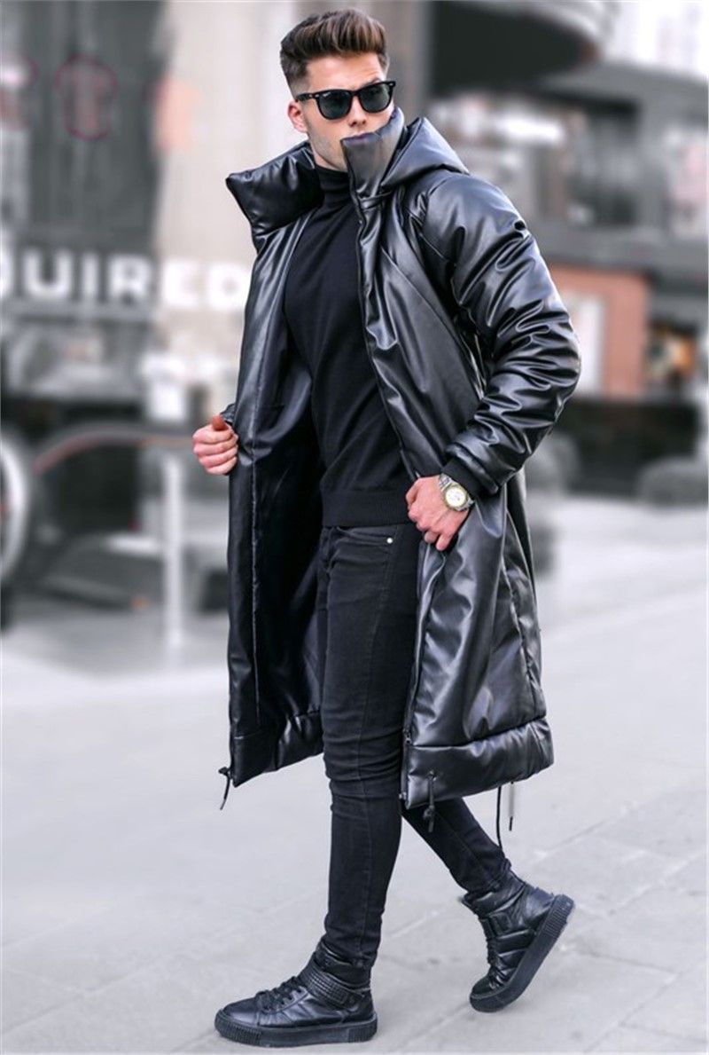 Euromart - Men's Long Leather Jacket 5715 - Black #333043
