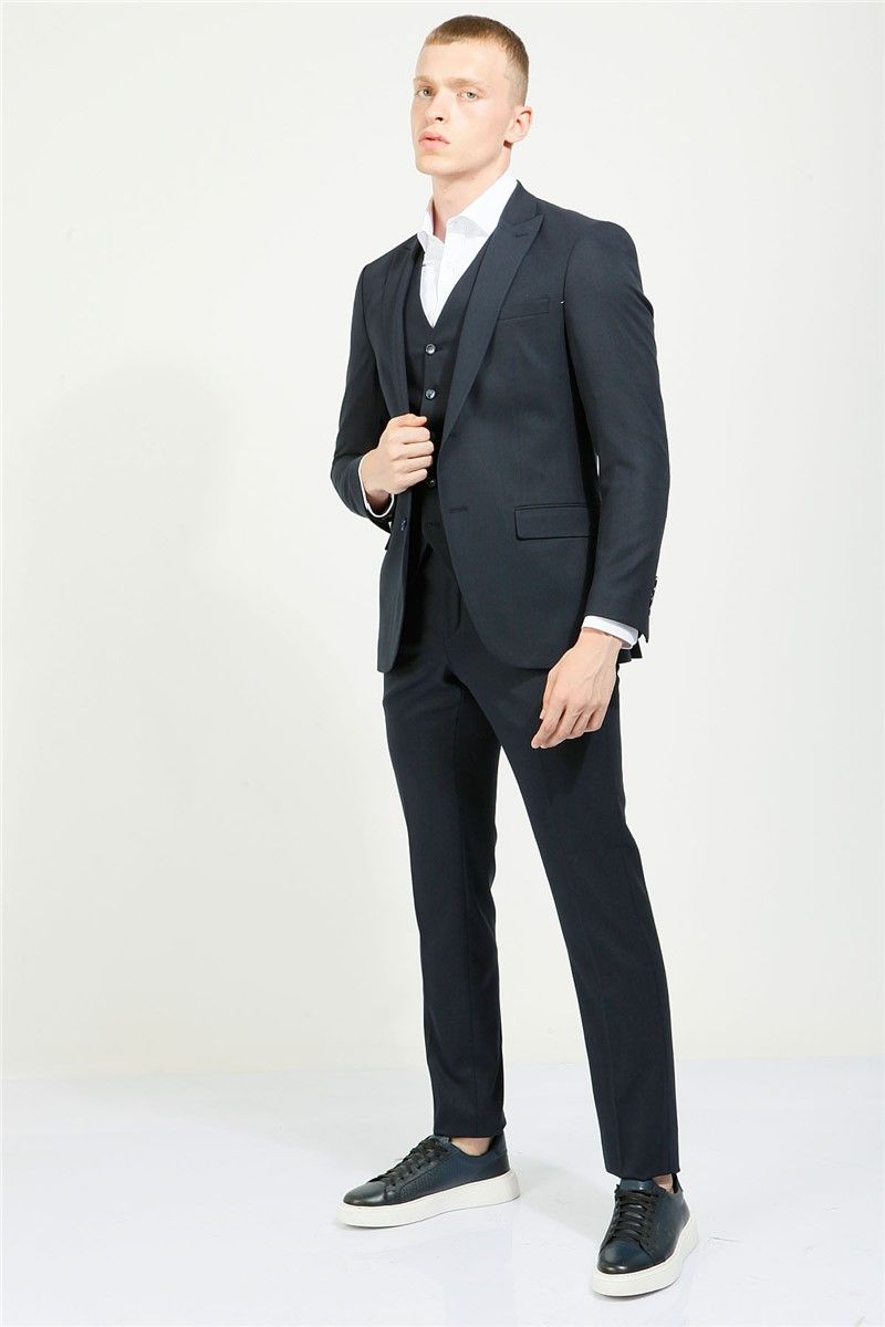 Men's Slim Fit Suit with Waistcoat - Navy Blue #357784