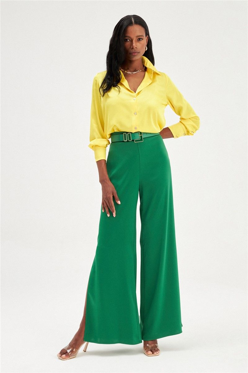 Women's Satin Slit Pants - Green #358579