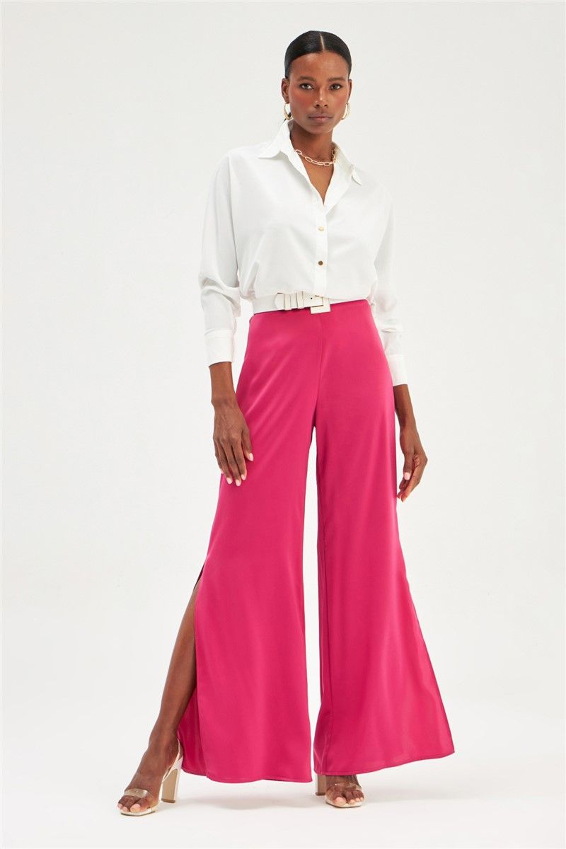 Women's satin pants with slits - Bright pink #358578