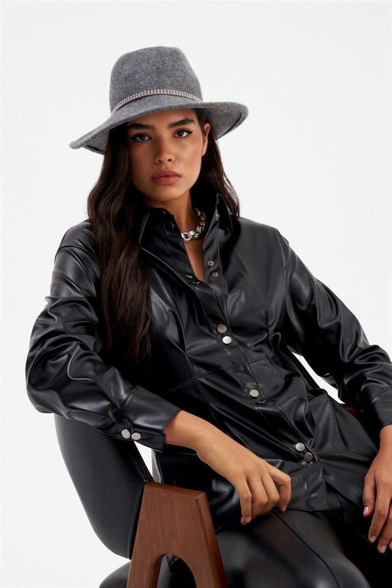 Women's Long Leather Shirt - Black #361272