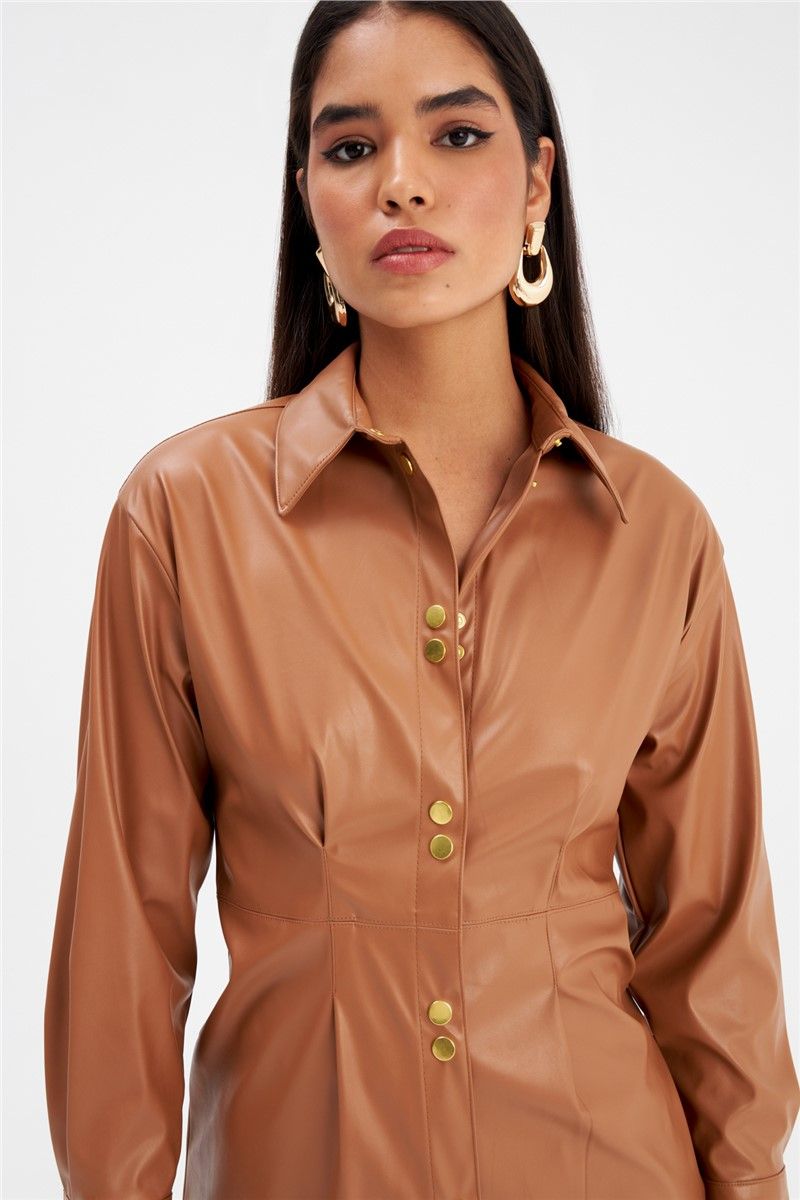 Women's Long Leather Shirt - Brown #361271