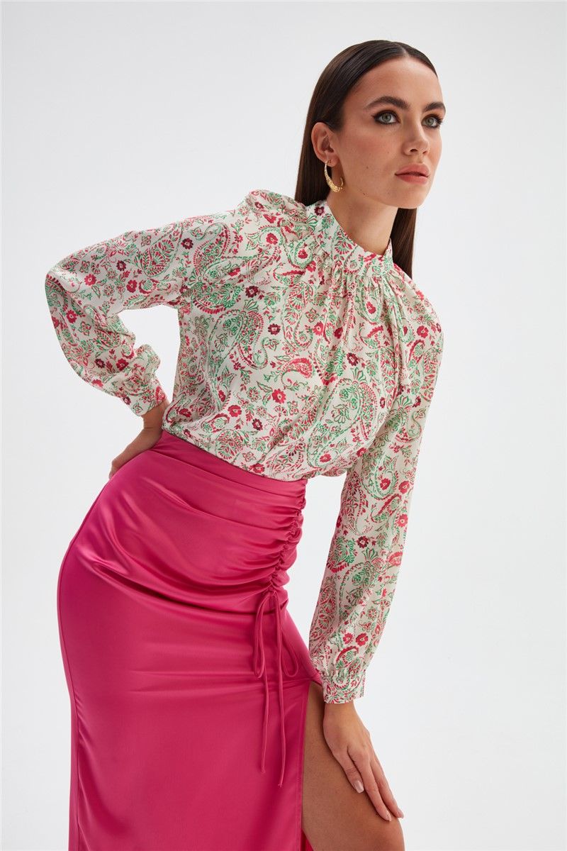 Women's patterned blouse with a straight collar - Bright Pink #367624