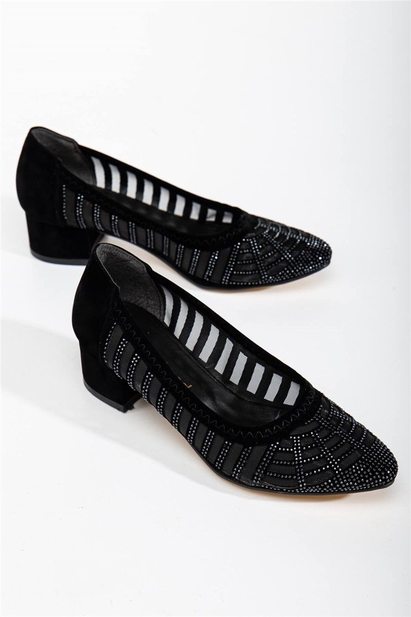 Women's suede shoes with decorative stones - Black #366117