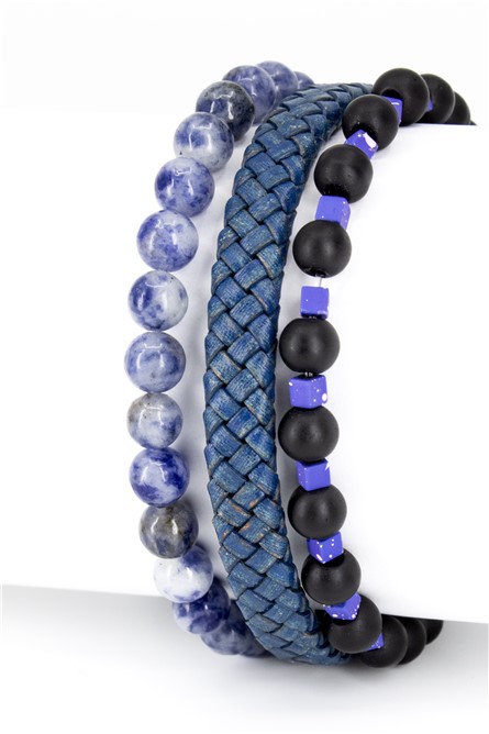 Set di bracciali da uomo in pietra naturale e pelle EYY1142 - Multicolor #366388