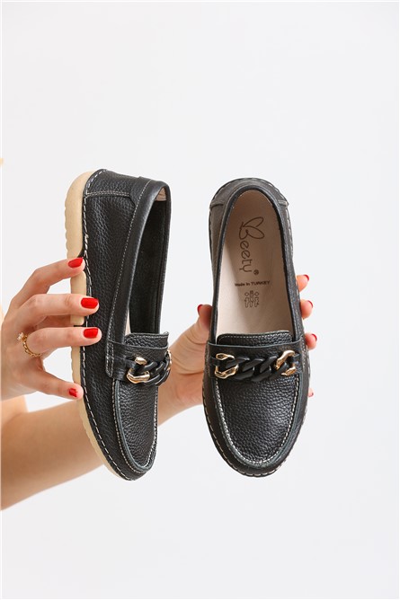 Mocassins femininos de couro genuíno BY173 - pretos #370009 