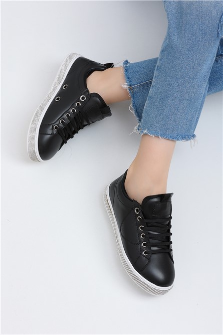 BY132 Calçados esportivos femininos com cadarço - Preto #371819