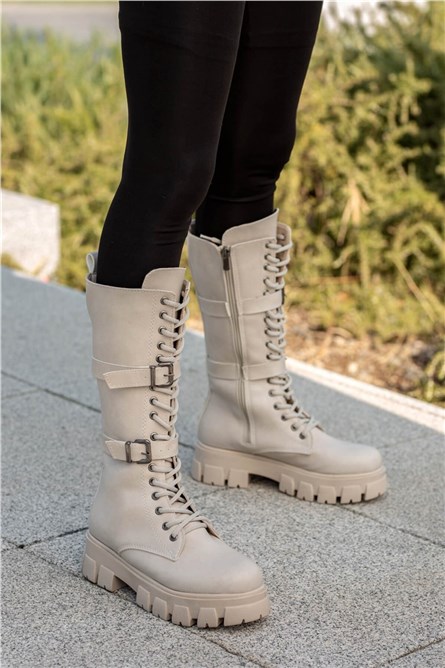 Botas femininas com fivela lateral e cadarço - Bege Claro #362972