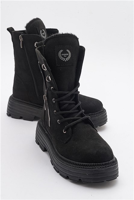 Botas femininas de camurça com zíper lateral decorativo - pretas #405859