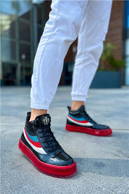 CH973 Botas masculinas com cadarço - pretas com vermelho #385138