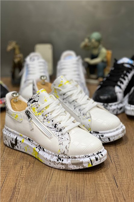 Sapatos Masculinos de Cadarço KB02 - Branco com Amarelo #383553