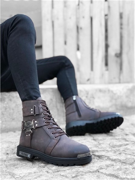 Men's Lace Up Buckle Boots BA0080 - Dark Brown #362082
