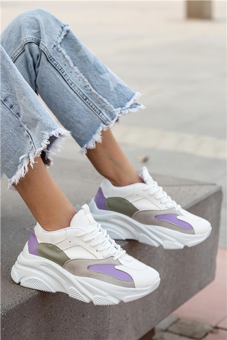 Calçados esportivos femininos com cadarço - Branco com Roxo #363827
