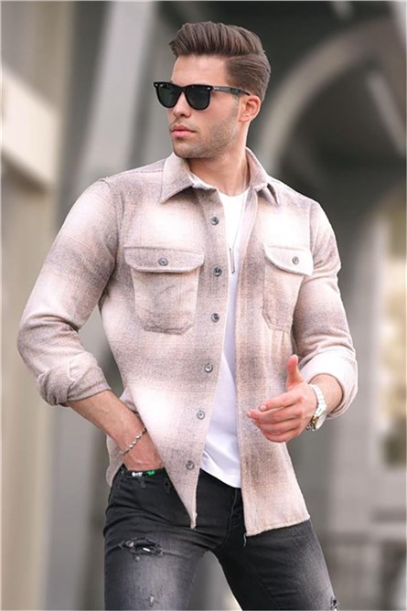 Camisa Xadrez Masculina Com Bolsos Externos 5527 - Bege #362925