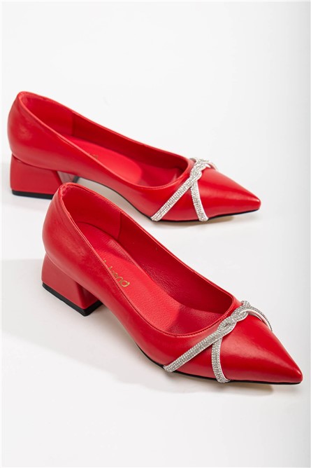 Sapatos femininos com pedras decorativas - Vermelho #365896