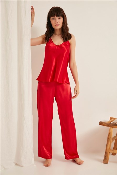 Pijama Feminino de Cetim 020 - Vermelho #314053