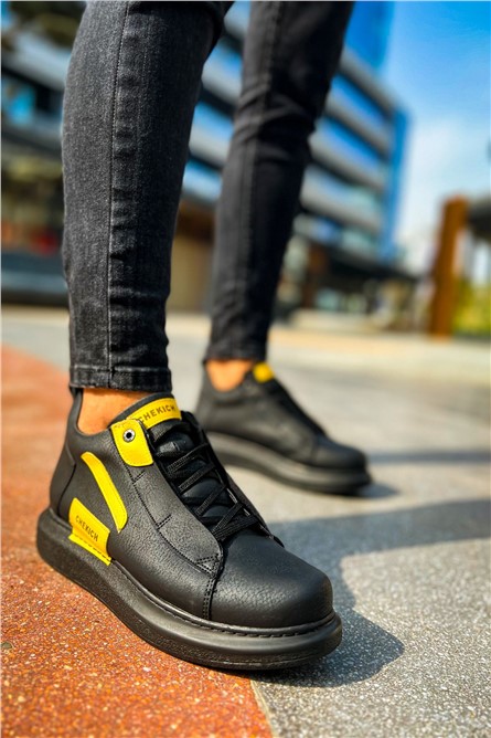 CH131 GST Botas curtas com cadarço para homens - pretas com amarelo #370916