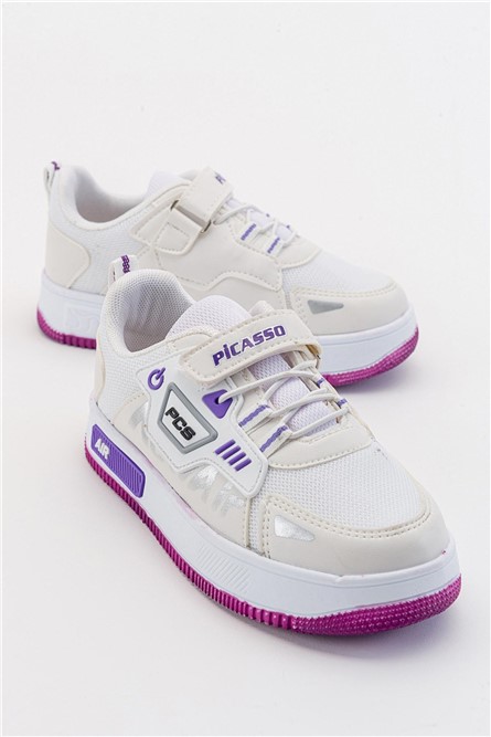 Calçados esportivos infantis com fecho de velcro - Branco com Roxo #381912