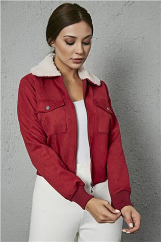 Collared Plush Faux Suede Jacket - MAROON #269598