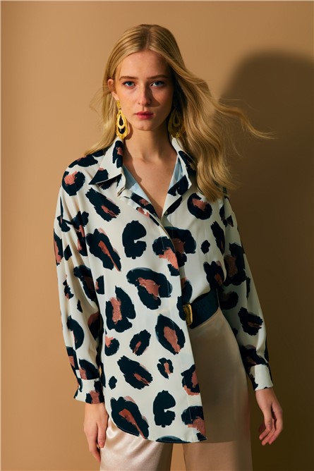 Camisa solta feminina com estampa - Bege-Marrom #367659