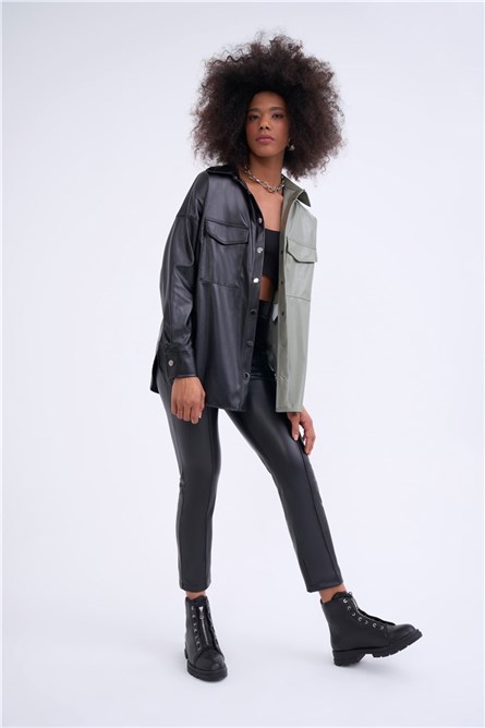 Camisa-jaqueta feminina de couro - Preto-Verde 316579