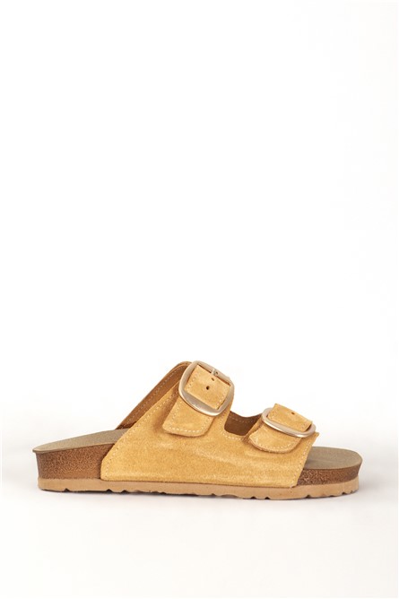 Chinelos Femininos de Camurça Natural 7543 - Cor Mostarda #383456