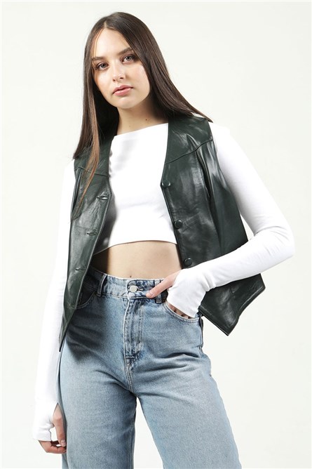 Colete de couro genuíno feminino DC-001 - Verde Escuro #317373