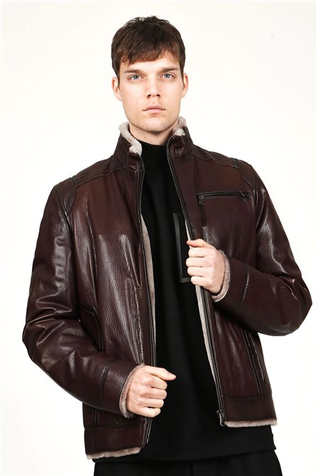 Jaqueta masculina de couro genuíno com forro quente E-1044 - marrom escuro #317658
