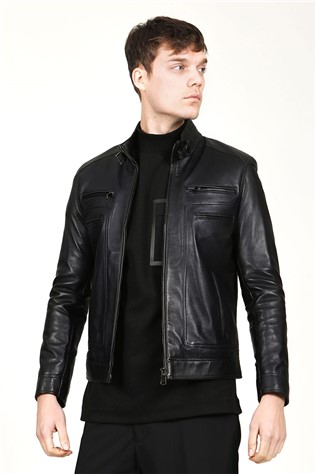 Jaqueta masculina de couro genuíno E-1084 - preta #318244