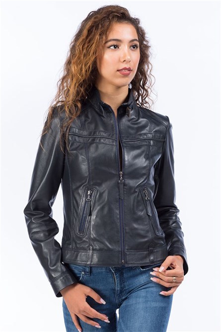 Ženska jakna od prave kože YB-2028 - tamnoplava #319312