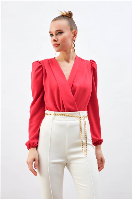 Terno feminino com mangas bufantes - Cor Coral #369286