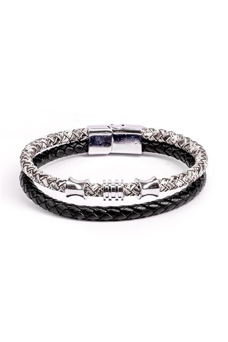 Conjunto masculino de 2 pulseiras de couro genuíno - Preto-Branco 20230901013