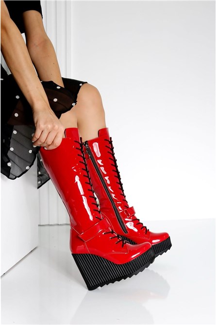 Botas femininas de couro envernizado com sola completa - vermelhas #412953