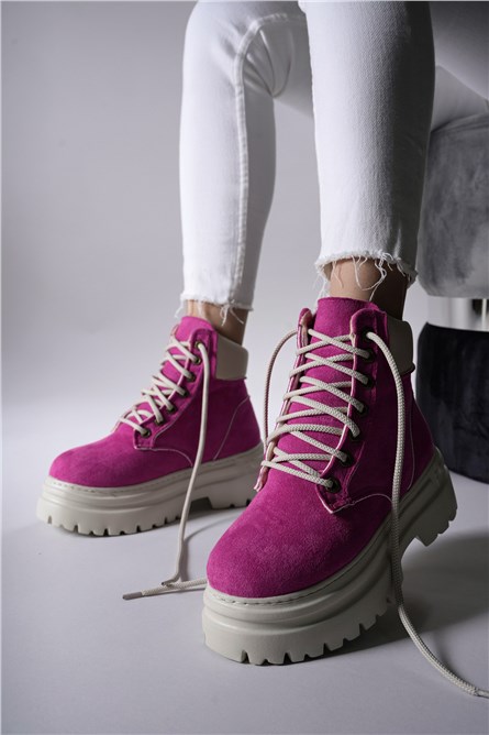 Botas femininas de camurça com cordões 00121601 - rosa choque #404347