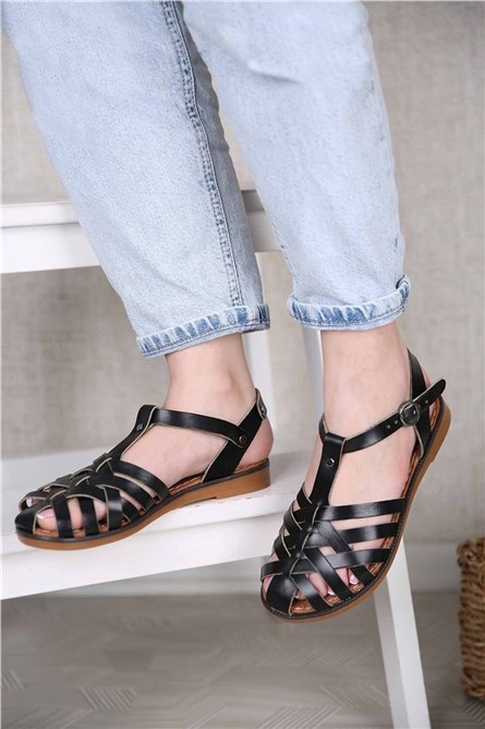 Sandálias femininas em pele genuína - Pretas 307828