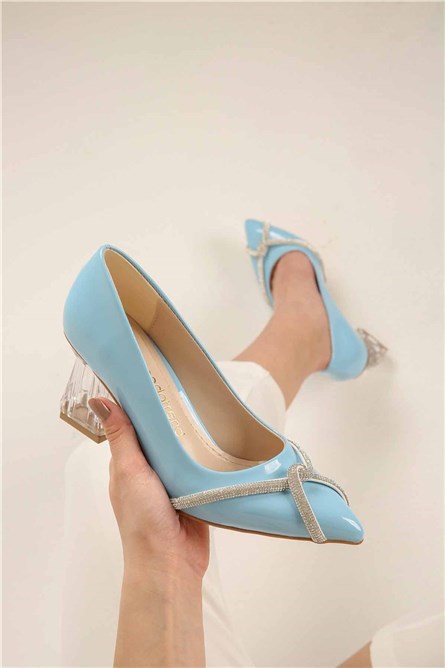 Sapatos femininos de couro envernizado - Azul Claro #321904