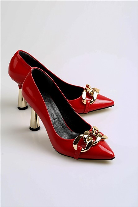 Sapatos femininos de couro envernizado com elemento decorativo - Vermelho #369543