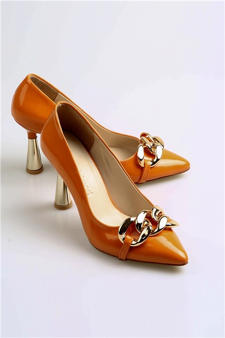 Sapatos de senhora em verniz com elemento  decorativo - Laranja #369578
