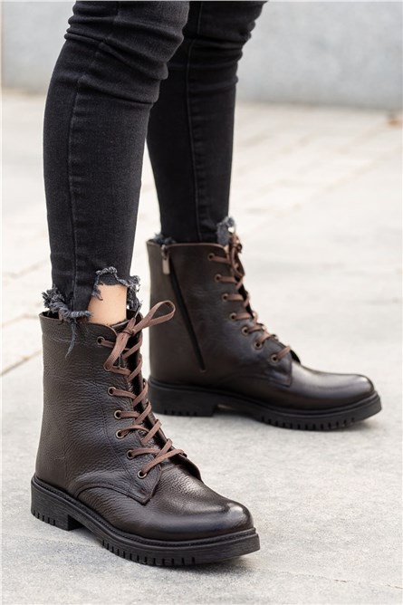 Botas femininas de couro genuíno - marrom escuro #362994