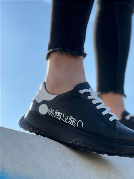 Sapatos casuais masculinos com cordões KB-172 - preto com branco #369929