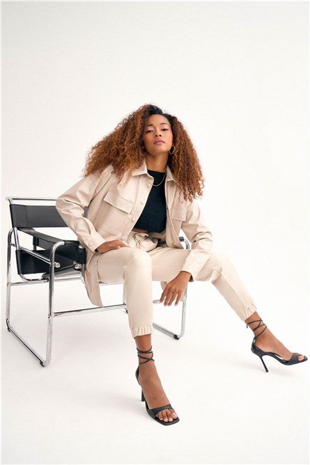 Jaqueta-camisa de couro feminina - Creme #323071