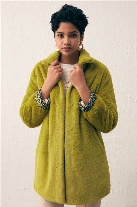 Casaco de pelúcia para feminino com estampa de leopardo - verde de óleo #365829