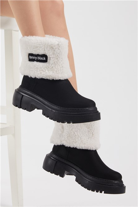 Botas femininas de camurça com rabiscos - pretas #399490