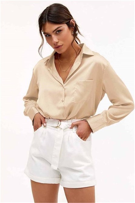 Camisa Feminina de Cetim MG1104 - Bege 305933