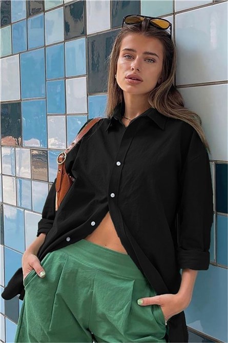 Camisa Oversize Feminina de Linho MG1369 - Preta #327818