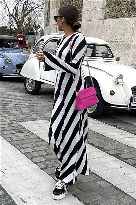 Vestido Longo Listrado MG1443 - Preto-Branco #328177