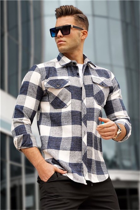 Camisa Xadrez Masculina 5520 - Azul-Branca #319807