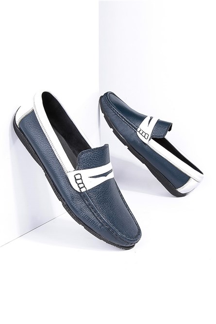 GPC Mocassins masculinos de couro legítimo  - Azul, Branco #795965691