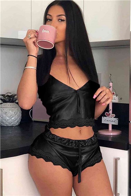 Pijama Feminino de Cetim - Preto #310374