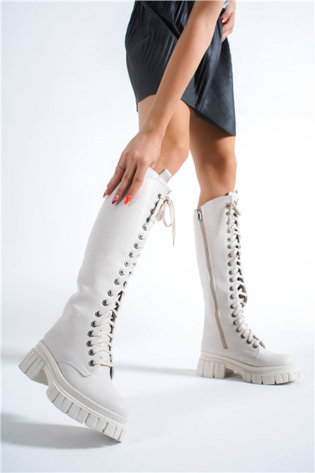 Botas Femininas com Cordões - Bege Claro #384786